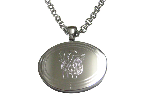 Silver Toned Oval Etched Anatomical Heart Pendant Necklace