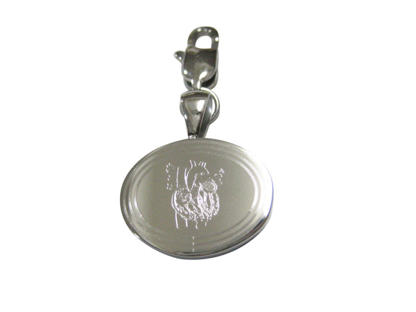 Silver Toned Oval Etched Anatomical Heart Pendant Zipper Pull Charm