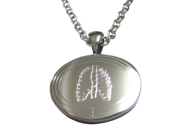 Silver Toned Oval Etched Anatomical Rib Cage Pendant Necklace