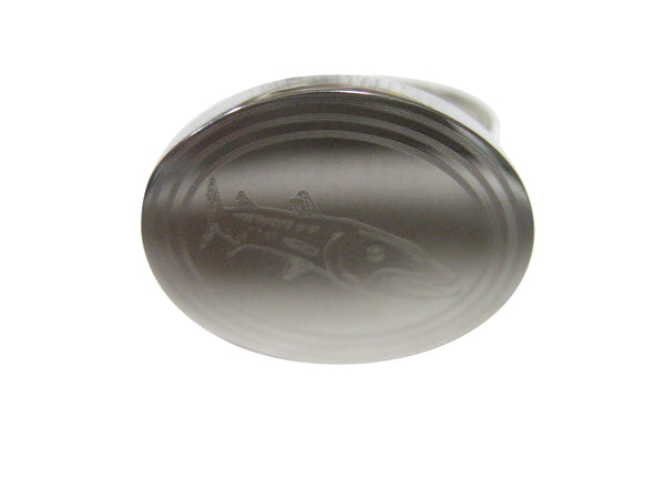 Silver Toned Oval Etched Barracuda Fish Adjustable Size Fashion Ring