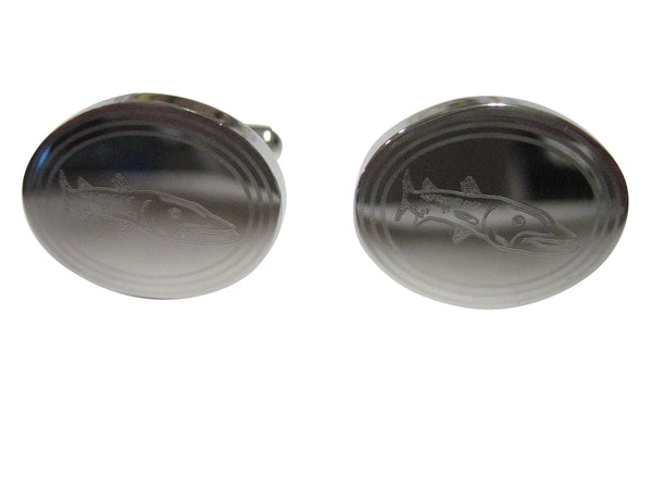 Silver Toned Oval Etched Barracuda Fish Cufflinks