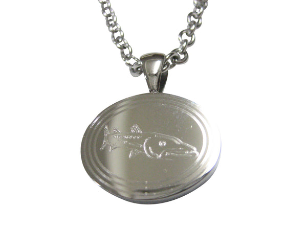 Silver Toned Oval Etched Barracuda Fish Pendant Necklace