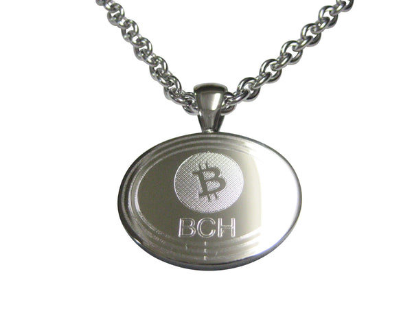 Silver Toned Oval Etched Bitcoin Cash Coin Cryptocurrency Blockchain Pendant Necklace