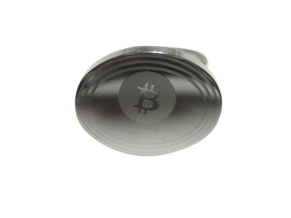 Silver Toned Oval Etched Bitcoin Coin Cryptocurrency Blockchain Adjustable Size Fashion Ring