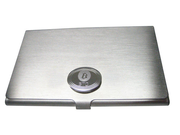 Silver Toned Oval Etched Bitcoin Coin Cryptocurrency Blockchain Business Card Holder