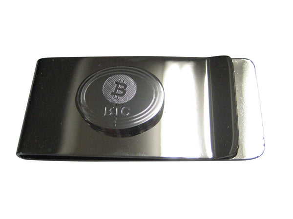 Silver Toned Oval Etched Bitcoin Coin Cryptocurrency Blockchain Money Clip