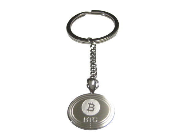 Silver Toned Oval Etched Bitcoin Coin Cryptocurrency Blockchain Pendant Keychain