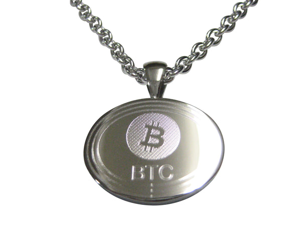 Silver Toned Oval Etched Bitcoin Coin Cryptocurrency Blockchain Pendant Necklace