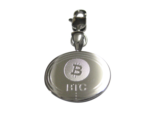 Silver Toned Oval Etched Bitcoin Coin Cryptocurrency Blockchain Pendant Zipper Pull Charm