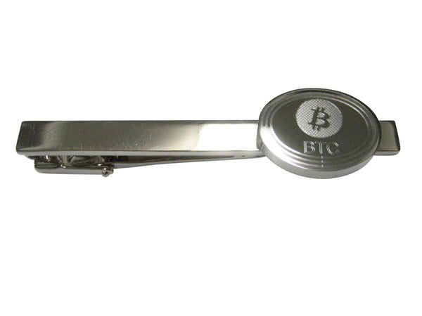 Silver Toned Oval Etched Bitcoin Coin Cryptocurrency Blockchain Tie Clip
