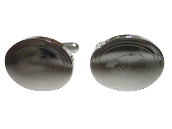 Silver Toned Oval Etched Blowfish Fugu Puffer Fish Cufflinks