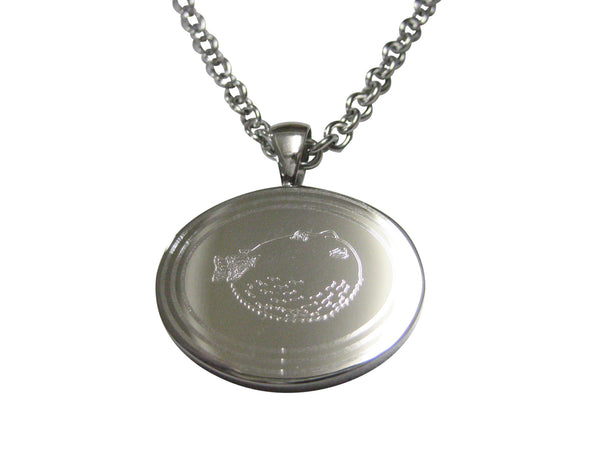 Silver Toned Oval Etched Blowfish Fugu Puffer Fish Pendant Necklace