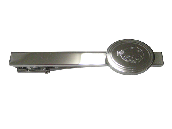 Silver Toned Oval Etched Blowfish Fugu Puffer Fish Tie Clip