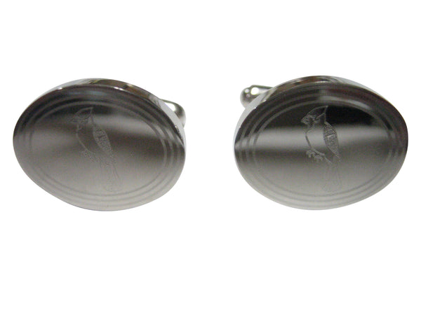 Silver Toned Oval Etched Blue Jay Bird Cufflinks