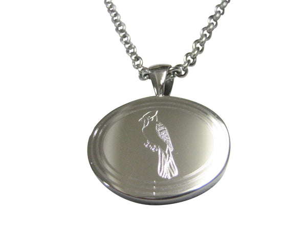 Silver Toned Oval Etched Blue Jay Bird Pendant Necklace