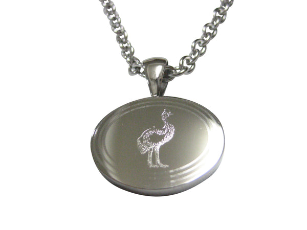 Silver Toned Oval Etched Cassowary Bird Pendant Necklace