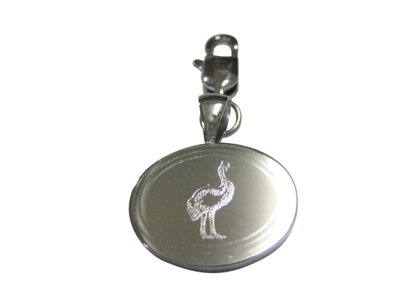 Silver Toned Oval Etched Cassowary Bird Pendant Zipper Pull Charm
