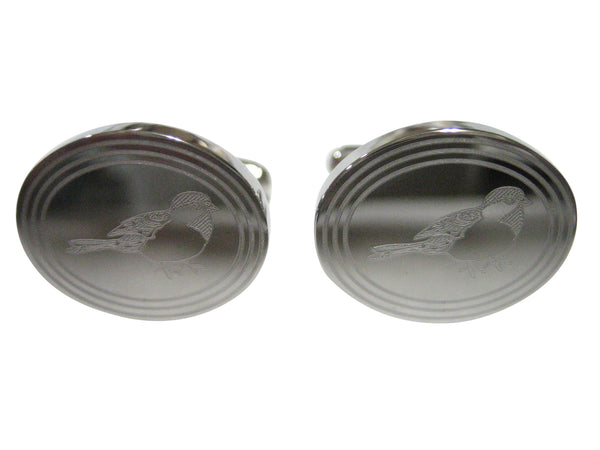 Silver Toned Oval Etched Chickadee Bird Cufflinks