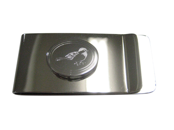 Silver Toned Oval Etched Chickadee Bird Money Clip