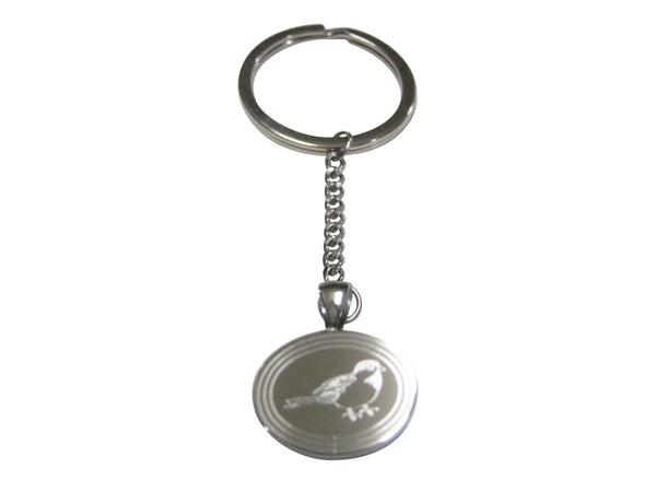 Silver Toned Oval Etched Chickadee Bird Pendant Keychain
