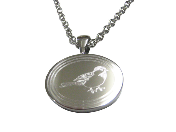Silver Toned Oval Etched Chickadee Bird Pendant Necklace
