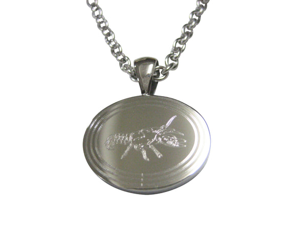 Silver Toned Oval Etched Crayfish Crawfish Crawdad Pendant Necklace