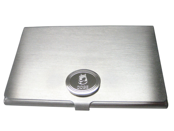 Silver Toned Oval Etched Doge Coin Cryptocurrency Blockchain With Shiba Dog Business Card Holder