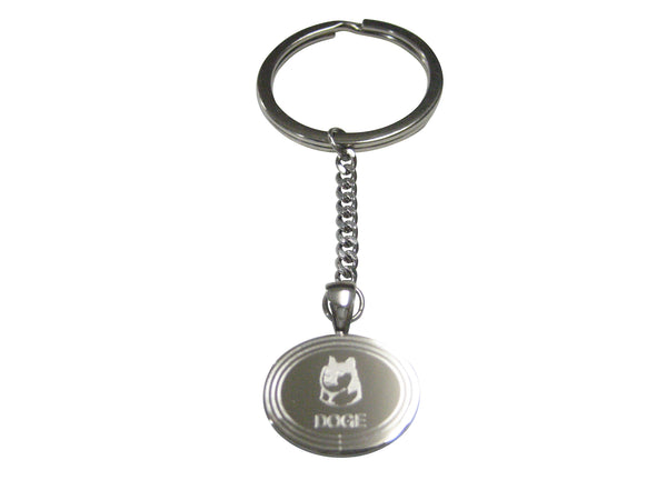 Silver Toned Oval Etched Doge Coin Cryptocurrency Blockchain With Shiba Dog Pendant Keychain