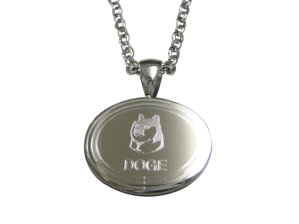 Silver Toned Oval Etched Doge Coin Cryptocurrency Blockchain With Shiba Dog Pendant Necklace