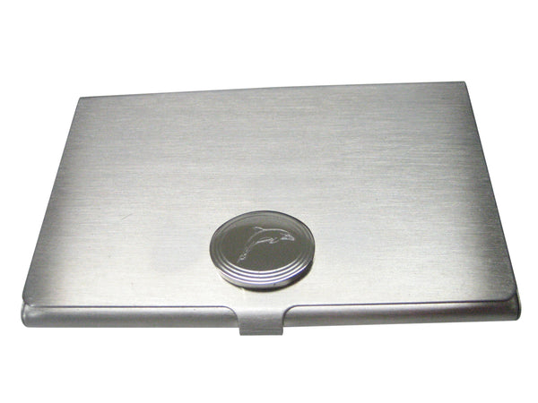 Silver Toned Oval Etched Dolphin Business Card Holder