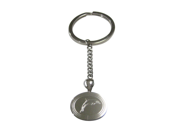 Silver Toned Oval Etched Dolphin Pendant Keychain