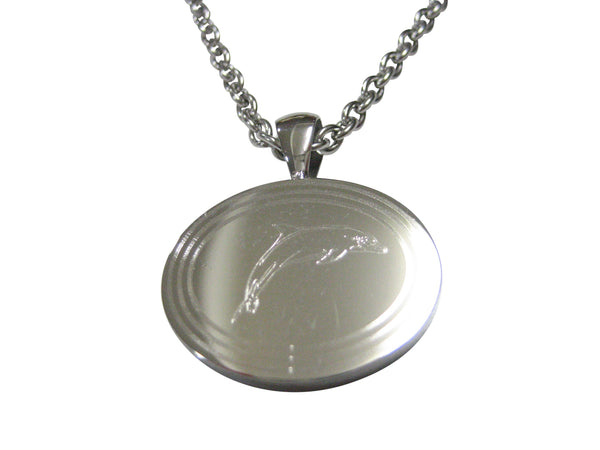 Silver Toned Oval Etched Dolphin Pendant Necklace