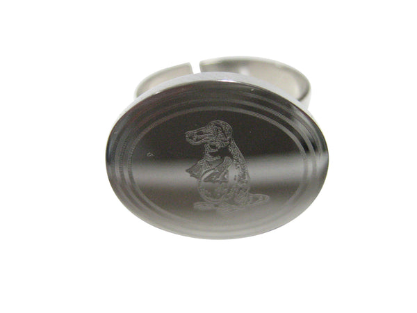Silver Toned Oval Etched Duck Billed Platypus Adjustable Size Fashion Ring