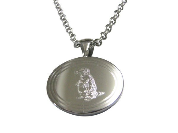 Silver Toned Oval Etched Duck Billed Platypus Pendant Necklace