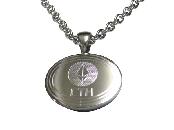 Silver Toned Oval Etched Ethereum Coin Cryptocurrency Blockchain Pendant Necklace