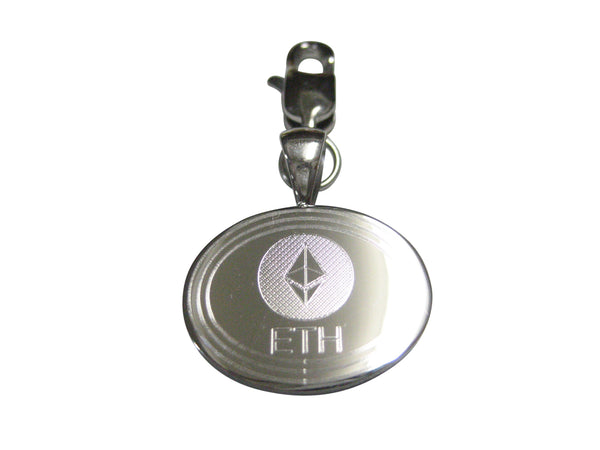 Silver Toned Oval Etched Ethereum Coin Cryptocurrency Blockchain Pendant Zipper Pull Charm
