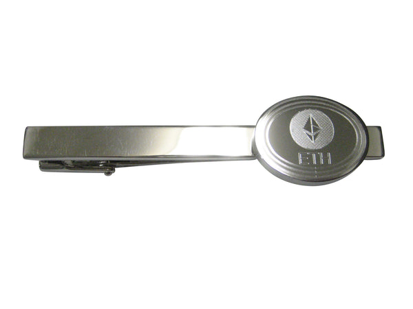 Silver Toned Oval Etched Ethereum Coin Cryptocurrency Blockchain Tie Clip