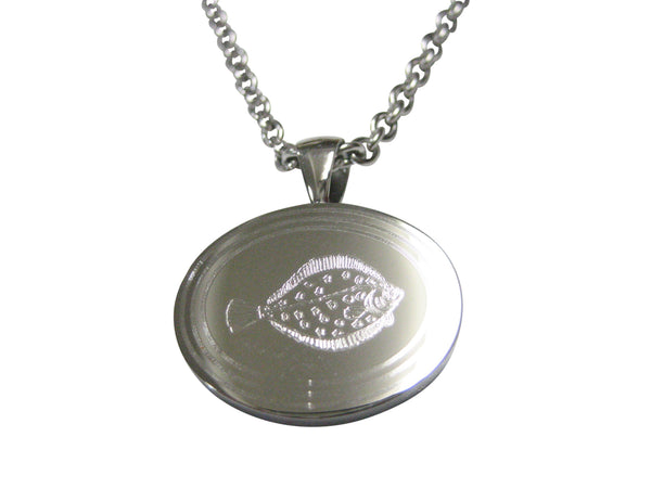 Silver Toned Oval Etched Flounder Halibut Flatfish Pendant Necklace