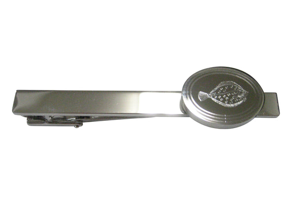 Silver Toned Oval Etched Flounder Halibut Flatfish Tie Clip