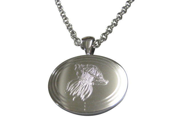 Silver Toned Oval Etched Jellyfish Pendant Necklace