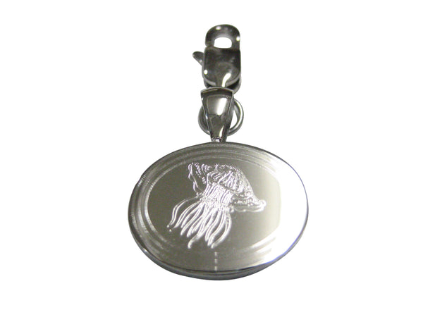Silver Toned Oval Etched Jellyfish Pendant Zipper Pull Charm