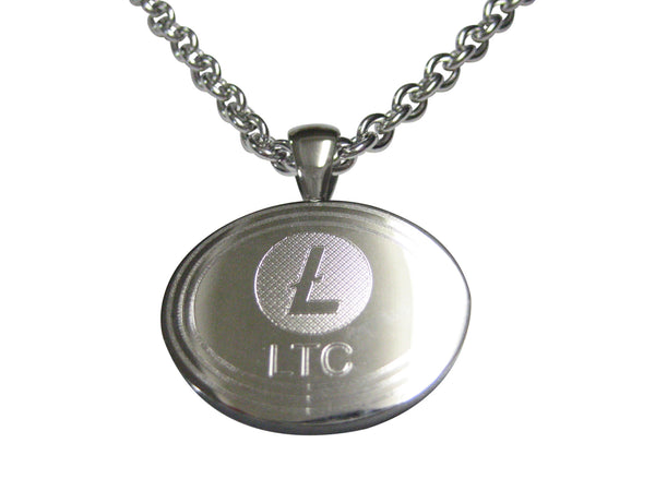 Silver Toned Oval Etched Litecoin Coin Cryptocurrency Blockchain Pendant Necklace