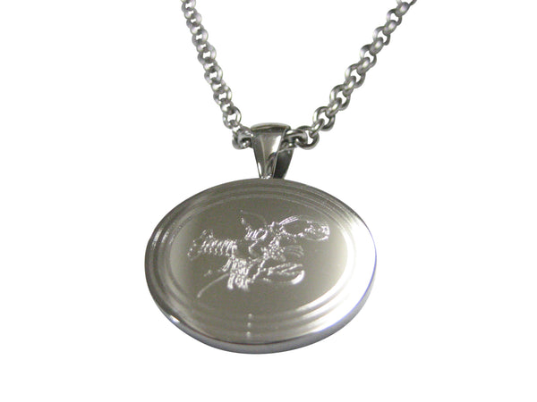 Silver Toned Oval Etched Lobster Pendant Necklace