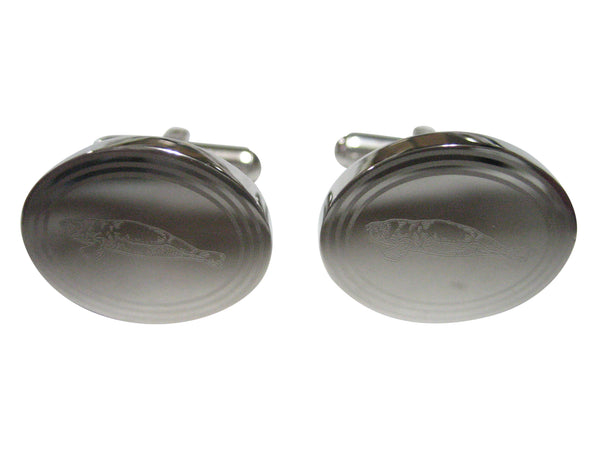 Silver Toned Oval Etched Manatee Cufflinks