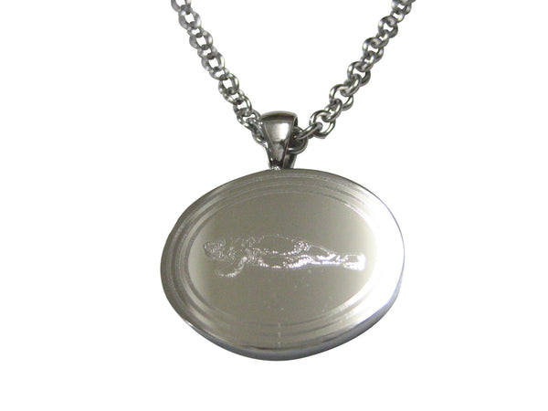 Silver Toned Oval Etched Manatee Pendant Necklace