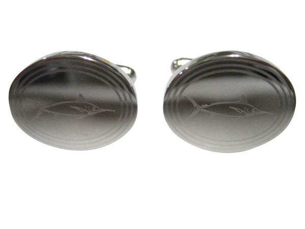 Silver Toned Oval Etched Marlin Sailfish Cufflinks