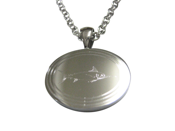 Silver Toned Oval Etched Marlin Sailfish Pendant Necklace