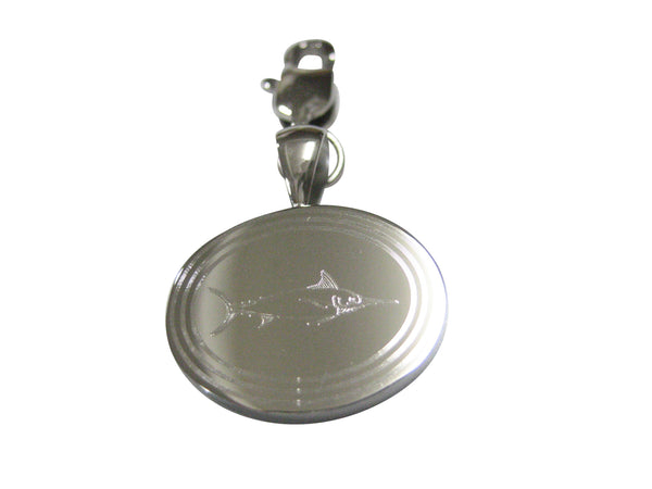 Silver Toned Oval Etched Marlin Sailfish Pendant Zipper Pull Charm