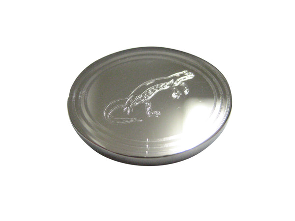 Silver Toned Oval Etched Newt Gecko Lizard Magnet