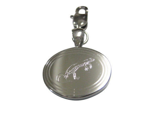 Silver Toned Oval Etched Newt Gecko Lizard Pendant Zipper Pull Charm